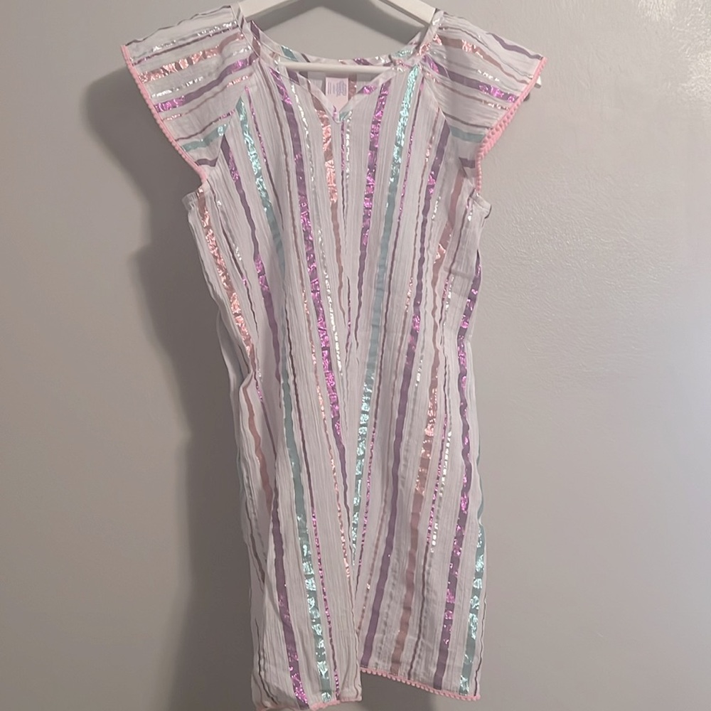 More Than Magic Girls White Swim Coverup with Pink, Purple, Mint Stripes